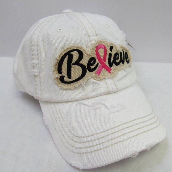 White Vintage Distressed Baseball Hat Cap Breast Cancer Awareness Believe Ribbon - Picture 2 of 4